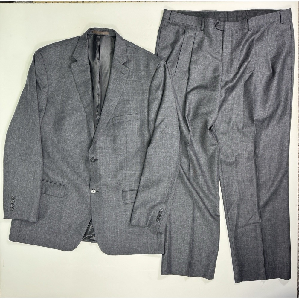 Tasso Elba Wool Cashmere Grey Blue Plaid 2 Piece Suit 46L 40x30.5 Career Modern